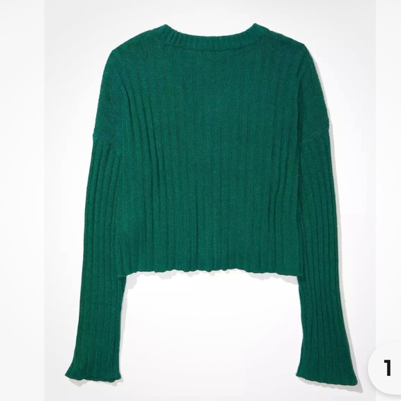 American Eagle Green Boxy Ribbed Button Up Cropped Cardigan Sweater M - Picture 6 of 10